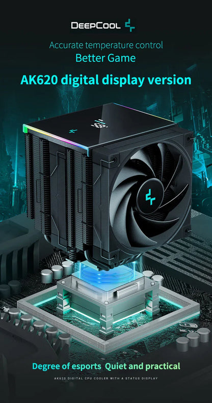 DeepCool AK620 CPU Cooler - Digital Display, 6 Heat Pipes, Twin Towers Radiator for LGA 2066, 2011, 1700, 1200, 115X, AM5 & AM4