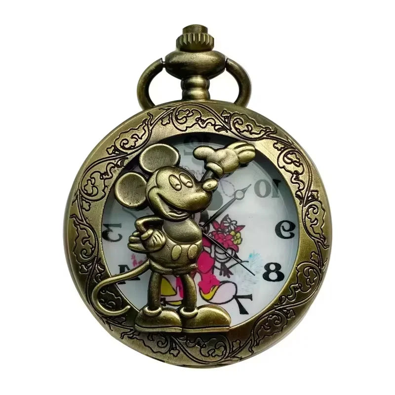 Disney Mickey Mouse Pocket Watch – Vintage Cartoon Quartz Clock with Roman Numerals & Chain Pendant Necklace for Men & Women