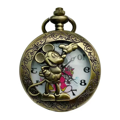 Disney Mickey Mouse Pocket Watch – Vintage Cartoon Quartz Clock with Roman Numerals & Chain Pendant Necklace for Men & Women