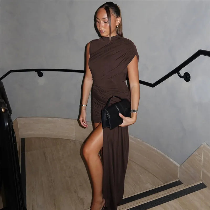 Balitops Summer Draped Ruched Mini Dress – 2025 Irregular High Waist Slim Fit Elegant Club Tank Dress for Women