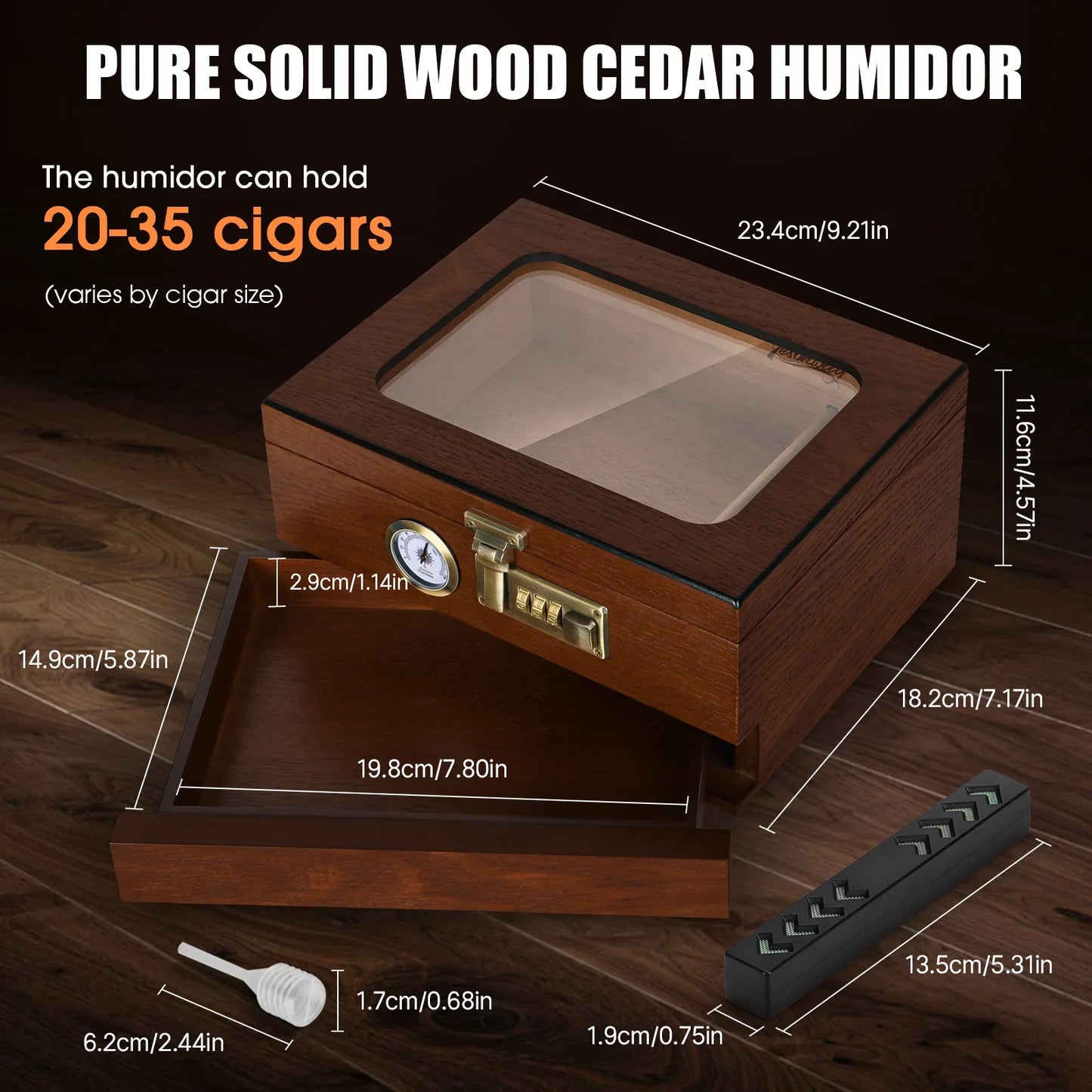 Cedar Wood Cigar Humidor – Glass Top Desktop Cigar Box with Front Hygrometer, Humidifier, Divider, and Accessories Drawer