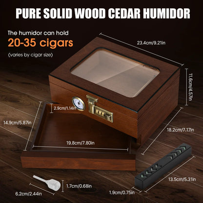 Cedar Wood Cigar Humidor – Glass Top Desktop Cigar Box with Front Hygrometer, Humidifier, Divider, and Accessories Drawer