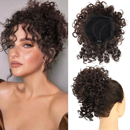 Synthetic Messy Bun Hair Piece – 60g Elastic Drawstring Curly Wave Hair Bun Extension for Women (Dark Brown)