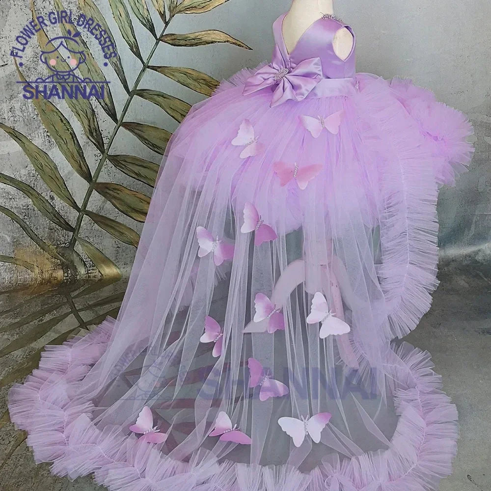 Pink Flower Girl Dress with Train - Puffy Bow Birthday and First Communion Dress