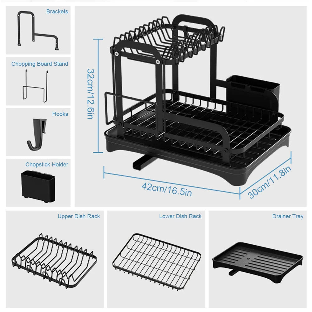 2 Tier Dish Drying Rack with Drain Basket - Kitchen Countertop Dinnerware Organizer | Dish & Bowl Drainer Storage Rack with Drainboard