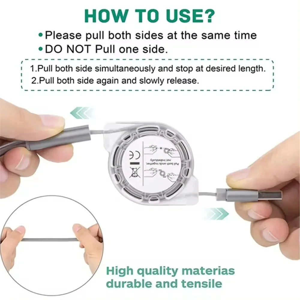 3-in-1 Retractable USB Data Cable – Fast Charging for iPhone, Type-C & Micro USB, Compatible with Android, Xiaomi, Huawei, Samsung