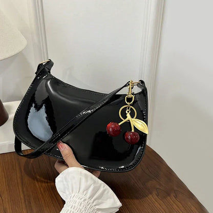 Women's PU Leather Shoulder Handbag – Solid Color Versatile Underarm Bag with Cherry Pendant Casual Commuting Purse