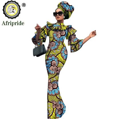 African Bazin Riche 2-Piece Dress Set - Plus Size Bodycon Dress with Headwrap for Women
