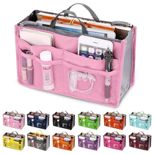 Women’s Nylon Cosmetic Organizer Bag – Foldable Large Capacity Travel Makeup Insert Handbag Tote Organizer Liner Bag
