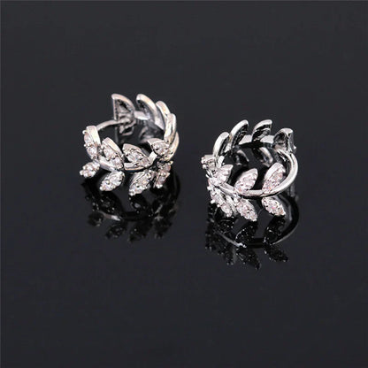 Delicate Leaf Earrings with Shiny CZ – Silver & Gold Color Fashion Hoop Earrings, 2024 Jewelry Gift for Women & Girls