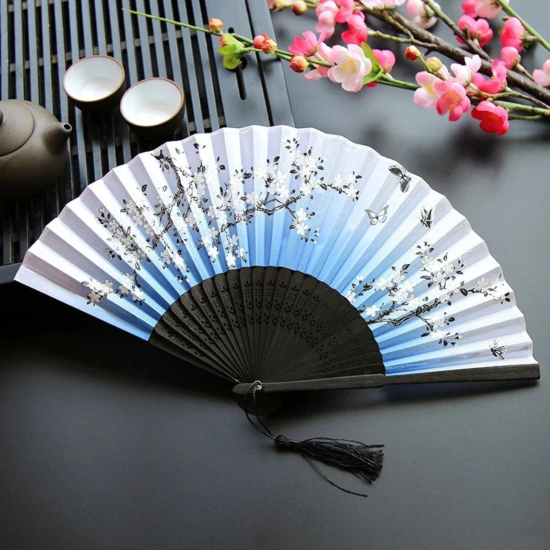Bamboo Folding Fan with Silk — Chinese & Japanese Style Handheld Fan, Antique Art Craft for Summer Dance, Home Decor & Party