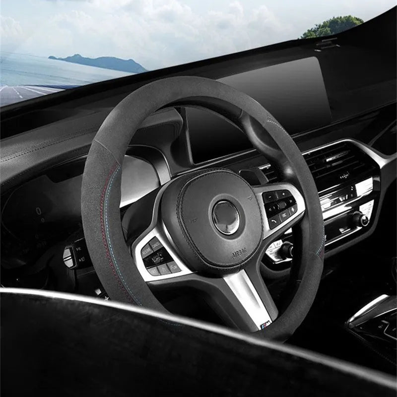 Universal Cowhide Suede Steering Wheel Cover — Breathable 37-38cm Car Steering Wheel Wrap Accessories