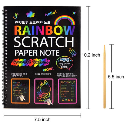 2 Pack Rainbow Scratch Paper Art Book: Children's DIY Rainbow Art Paper Card with Wood Stick - Neon Scratch Book