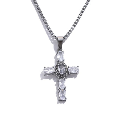Yhpup Colorful Cubic Zirconia Cross Pendant Stainless Steel Luxury Necklace – Shiny Fashion Jewelry Gift for Women