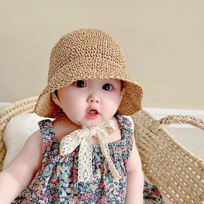 Summer Straw Baby Sun Hat – Lace Bow Panama Cap for Girls, Fashion Beach & Outdoor Travel Princess Bucket Hat for Kids UV Protection Bonnet