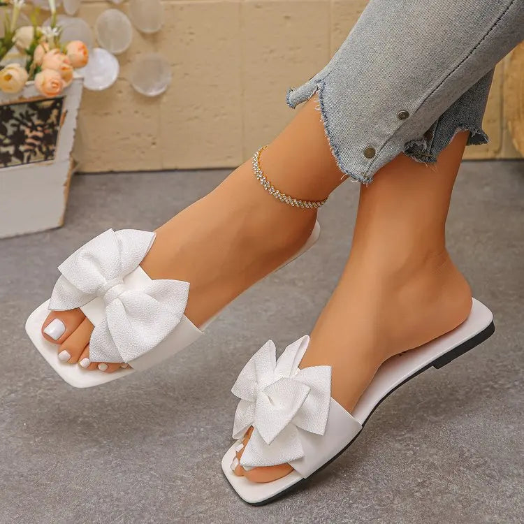 Women's Bow Tie Flat Slippers - Casual Summer Beach Sandals