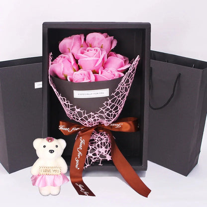 Handmade 7 Rose Soap Bouquet with Little Bear Gift Box – Creative Valentine’s, Mother’s Day & Birthday Flower Gift