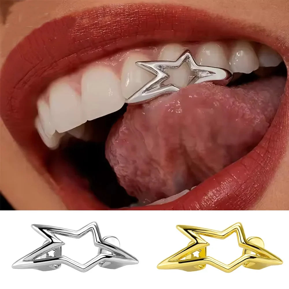 Y2K Cyber Punk Tooth Caps - Glossy Geometric Star Pentagram Grillz Jewelry for Men & Women