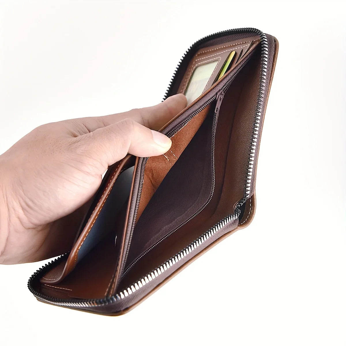 Men’s PU Leather Wallet – Wax Oil Skin Short Purse with Zipper, Coin Pocket & Card Holder