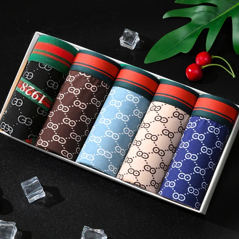 5PCS Men's Printed Boxer Shorts - Breathable & Comfortable Underwear, U-Convex Briefs, Plus Size