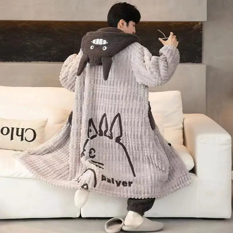 Gengar Pokemon Pajamas Set — Men’s Large Winter Coral Fleece Hooded Nightgown, Thick Warm Anime Home Suit