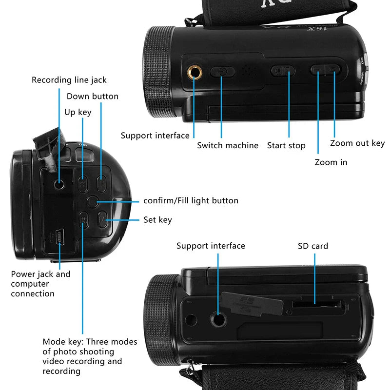 HD 1080P Digital Video Camera – 16MP Professional DV Camcorder with Built-in Microphone, Anti-Shake & Multifunction Photography Recording System