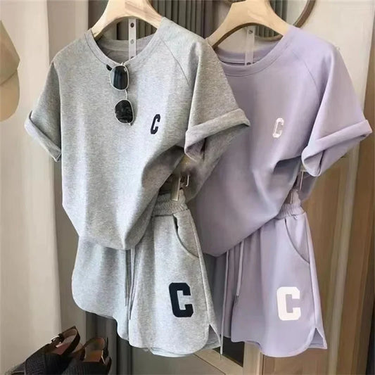 Women’s Two-Piece Sports Tracksuit – C Letter Print Short Sleeve T-Shirt with Drawstring Shorts, Exercise & Casual Wear
