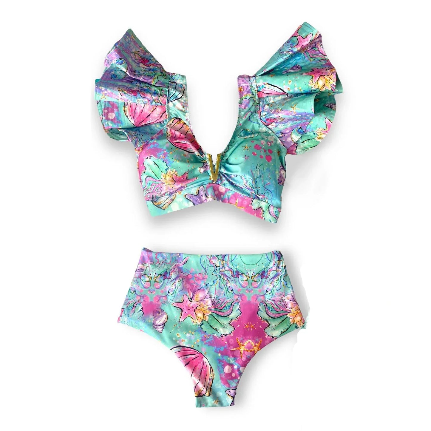 Sporlike V-Neck Ruffled Bikini Set – High Waist Sexy Printed Two-Piece Swimsuit for Women 2025