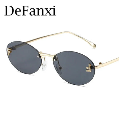 Diamond Letter "F" Rimless Sunglasses | Women’s Luxury Metal Frame Black Oval UV400 Shades