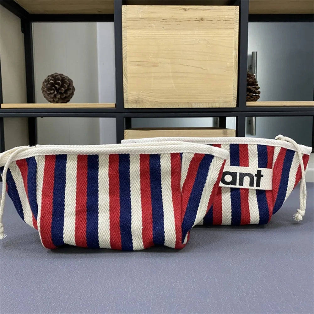 2024 Cotton Stripe Canvas Zip Pouch – Fashionable Handheld Cosmetic Cloth Bag
