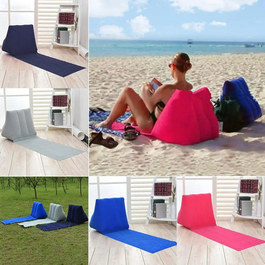 Foldable Inflatable Travel Mattress : Soft Beach Mat, Air Bed Chair, Camping Lounger with Back Pillow Cushion - Leisure Beaching Seat