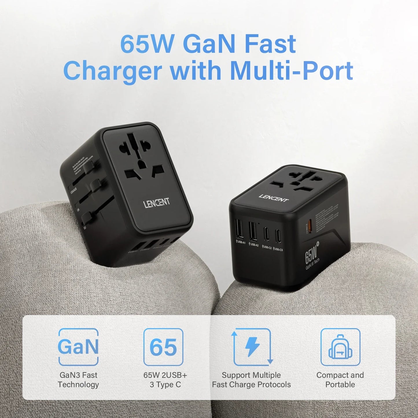 LENCENT 65W/100W GaN Fast Charging International Travel Adapter - 2 USB and 3 Type-C Ports, Includes EU, AU, US, UK Plugs