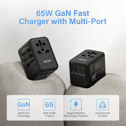 LENCENT 65W/100W GaN Fast Charging International Travel Adapter - 2 USB and 3 Type-C Ports, Includes EU, AU, US, UK Plugs