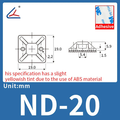 ND 20/50/100PCS Self-Adhesive Cable Tie Mounts – Zip Wire Tie Holder with Screw Hole Base
