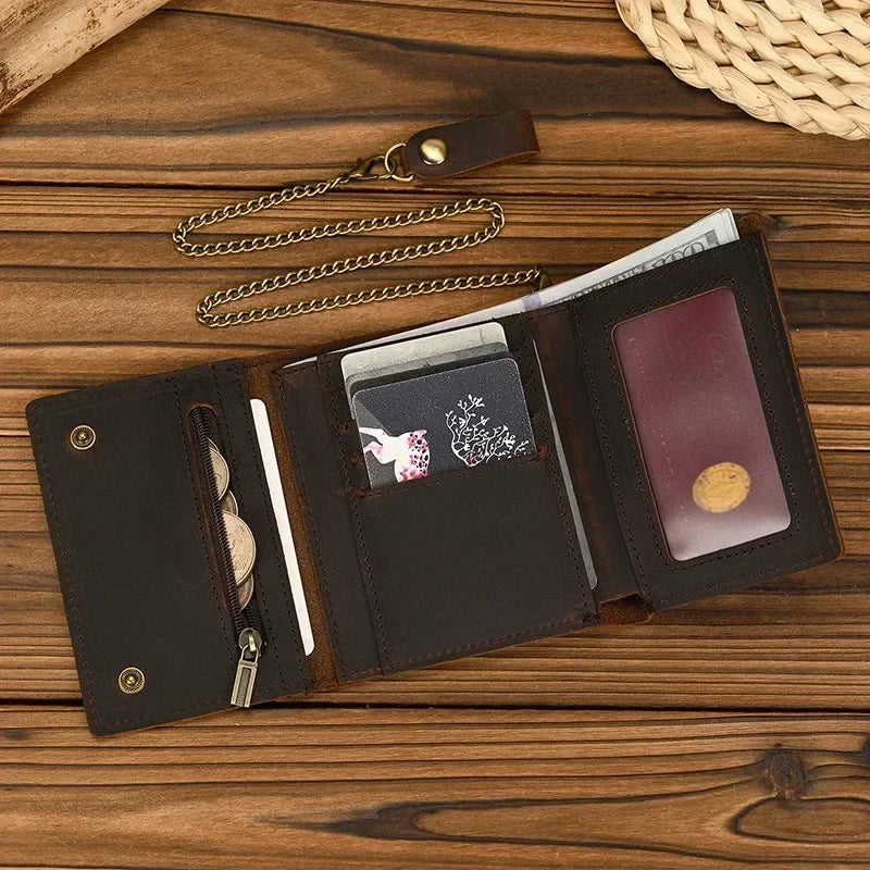Men's Genuine Leather Short Wallet with Chain – Zipper Clutch, Trifold Purse, Card Holder & Coin Purse for Men