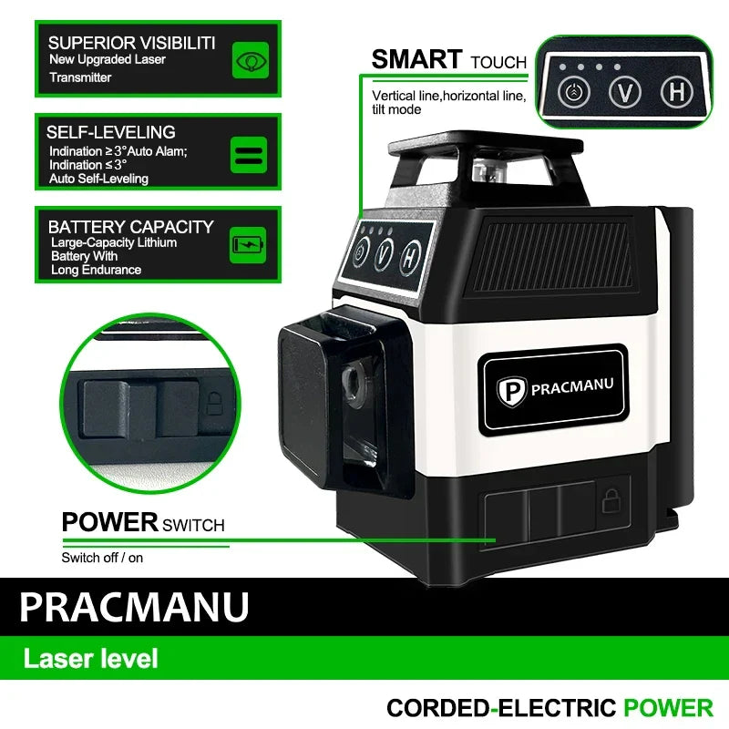 Pracmanu Mini 12-Line 3D Laser Level – 360° Self-Leveling Horizontal & Vertical Green Beam Laser