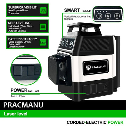 Pracmanu Mini 12-Line 3D Laser Level – 360° Self-Leveling Horizontal & Vertical Green Beam Laser