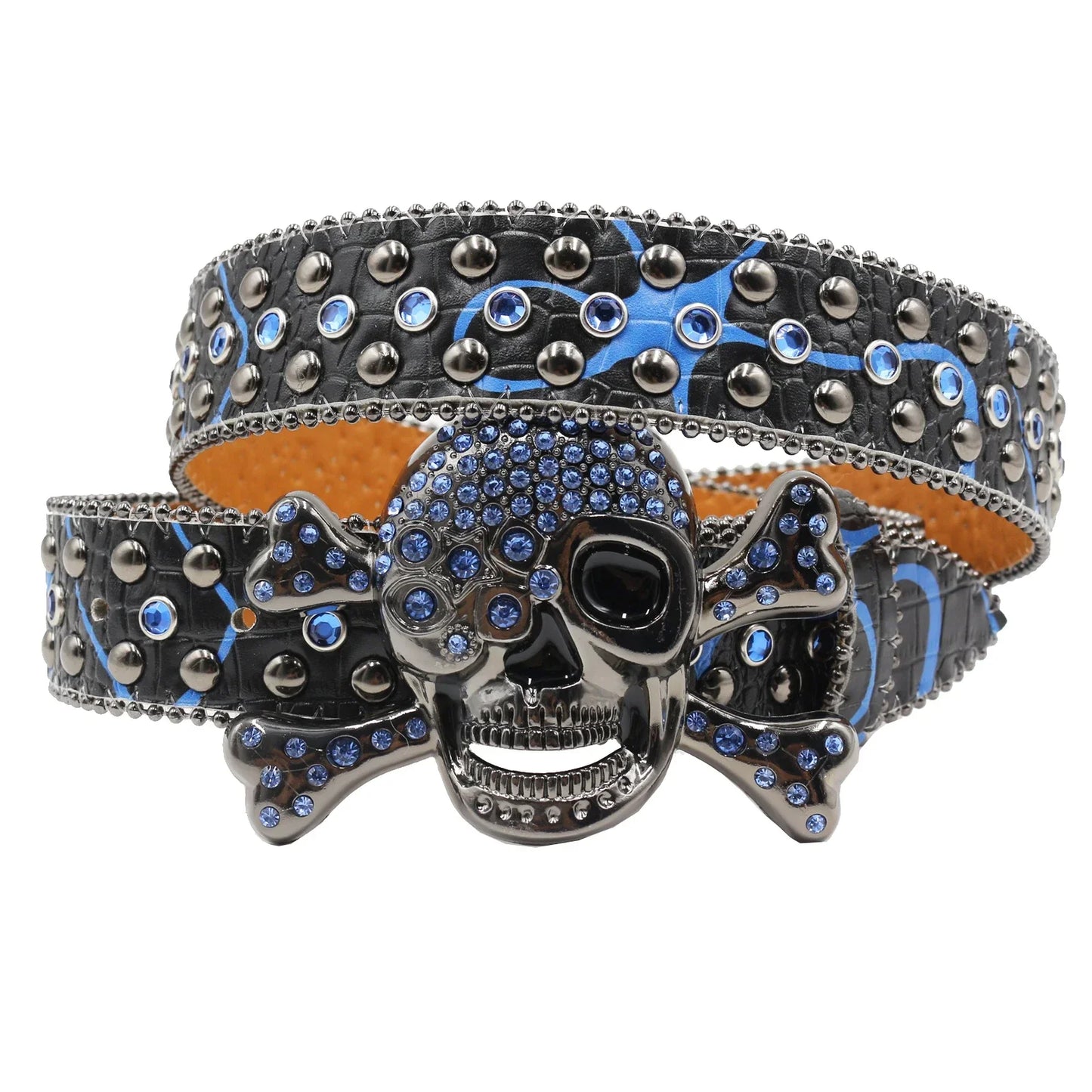 Women’s Rhinestone Skull Leather Belt – Luxury Designer Studded Strap for Jeans, White & Black