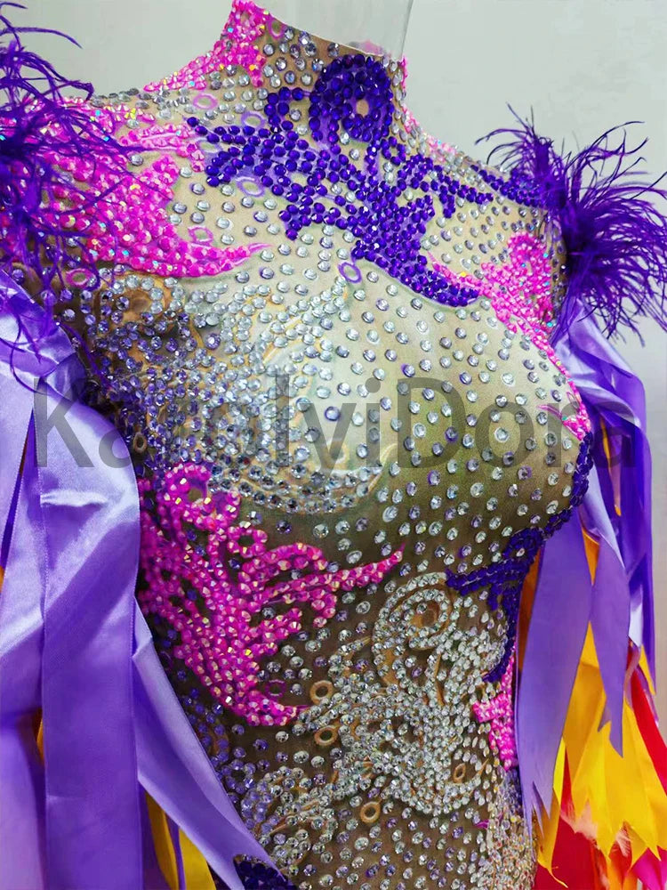 Colorful Feather Sleeve Rhinestone Bodysuit – Women’s Nightclub Party Dance Performance Costume