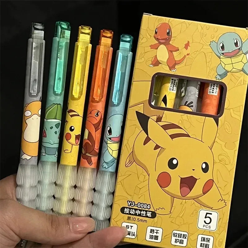 5PCS Pokemon Gel Pens – Pikachu, Charmander & Squirtle Cute Anime Cartoon Stationery for School & Holiday Gifts