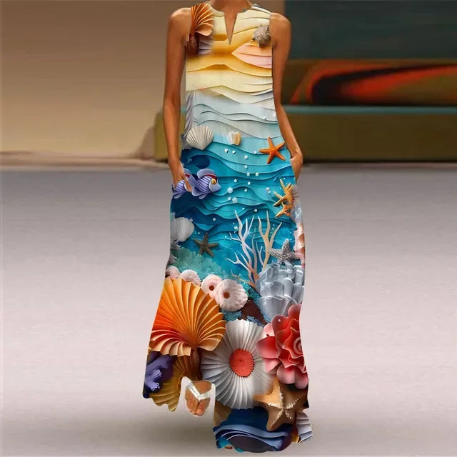Women’s Retro V-Neck Summer Dress - Sleeveless Printed Maxi Swing Skirt with Loose Comfortable Fit