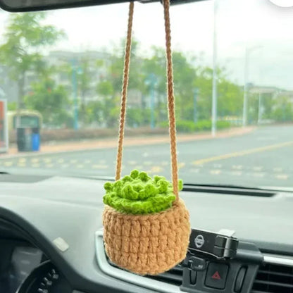 Cute Crochet Potted Plants Car Basket – Hanging Car Decor & Rear View Mirror Ornament Accessories