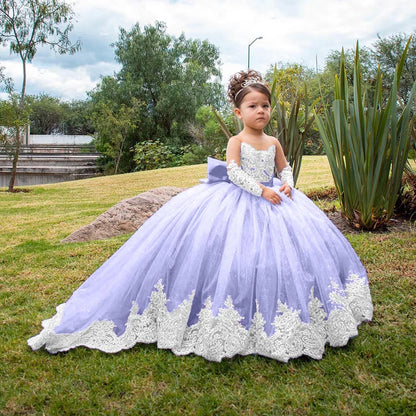 Flower Girl Wedding Dress - Long Sleeve Satin Bow Ball Gown for Toddlers & Girls