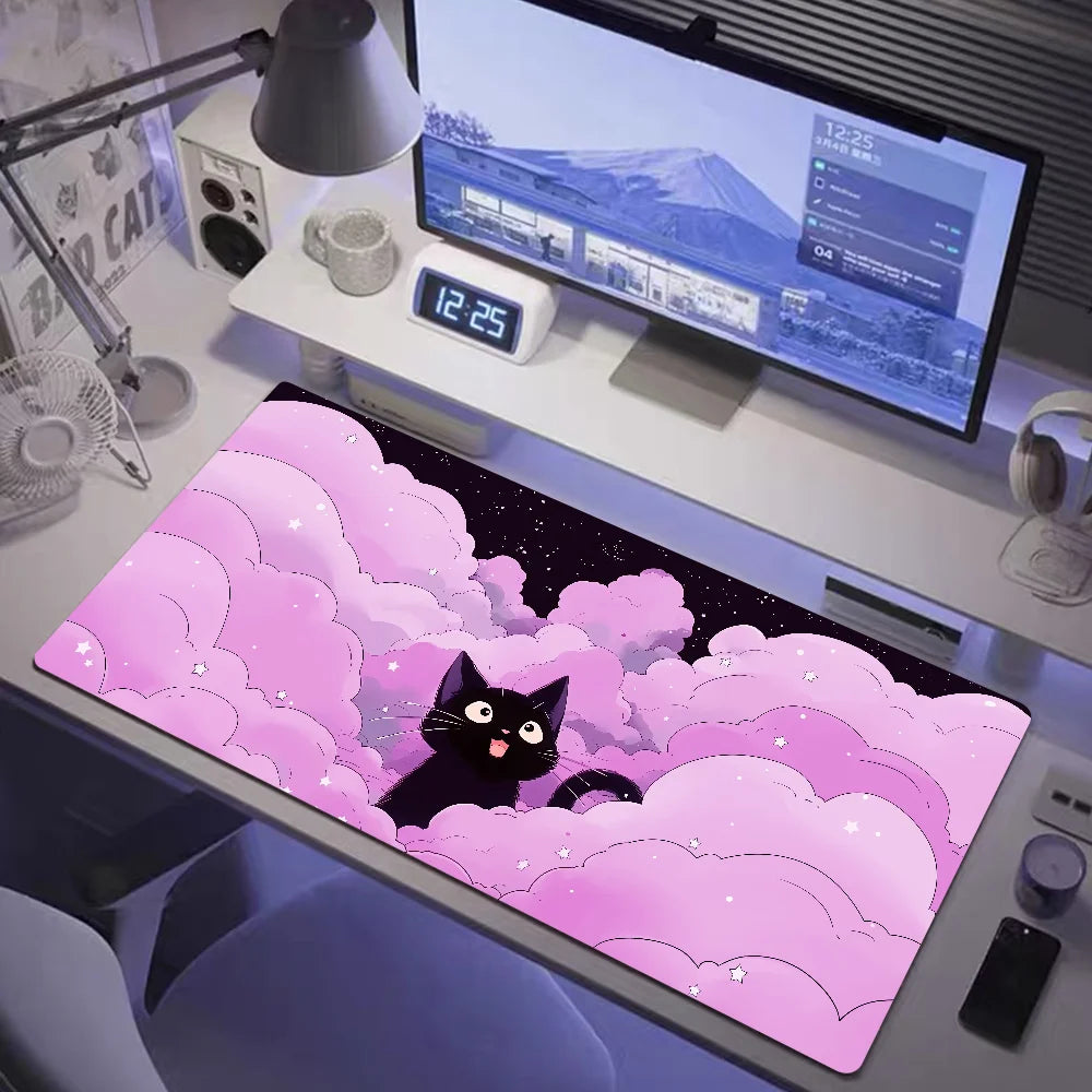 Kawaii Black Cat XXL Mouse Pad — Green Plants Anime Desk Mat for PC Gaming & Keyboard Accessories