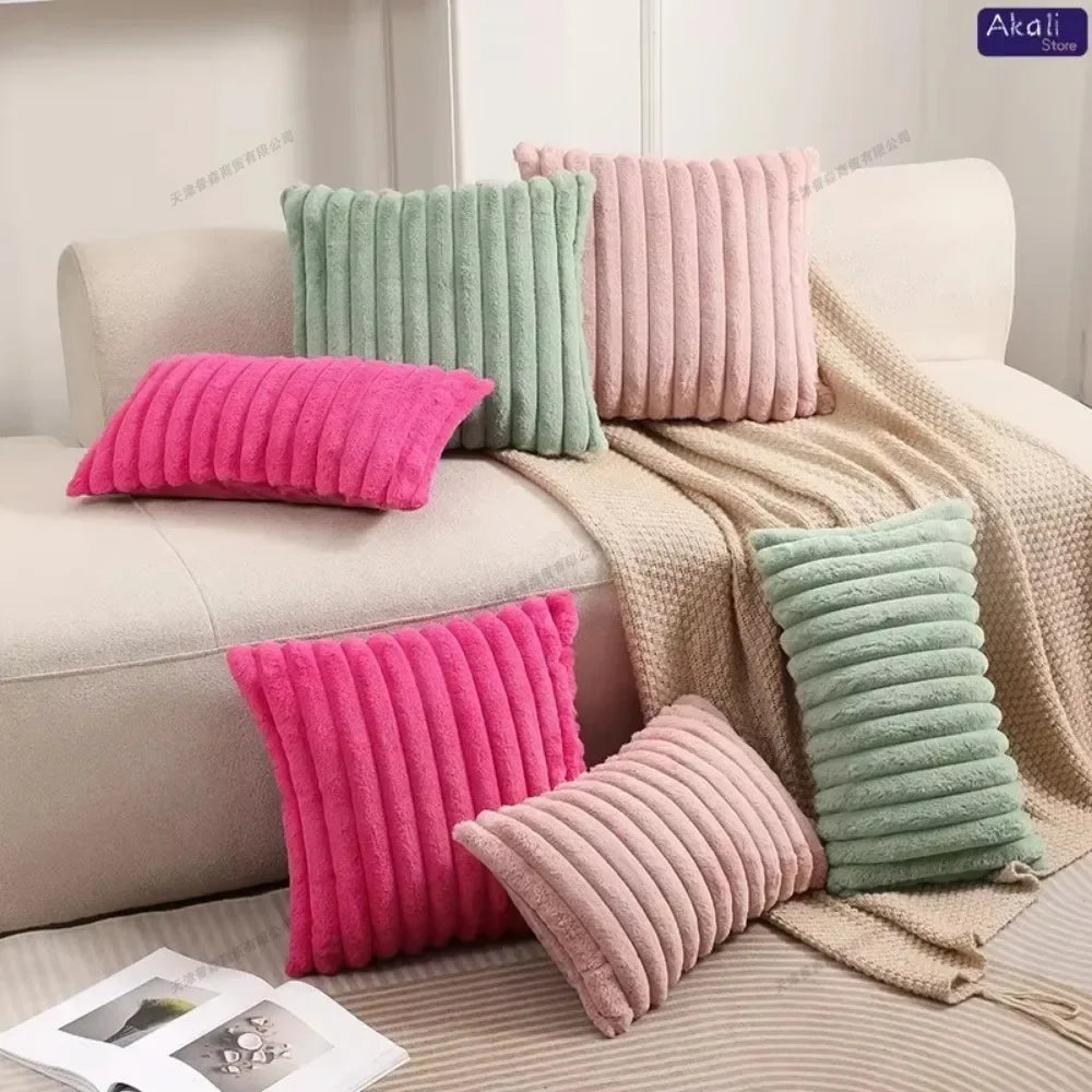 Faux Rabbit Fur Cushion Cover – Plush Soft Fluffy Striped Decorative Pillowcase for Luxury Sofa Home Decor