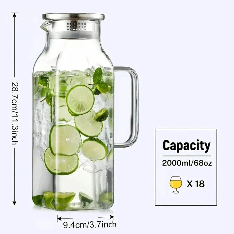 JUSTINLAU Borosilicate Glass Water Bottle - 1.2L/2L Large Capacity Juice & Drink Pitcher for Home & Restaurant
