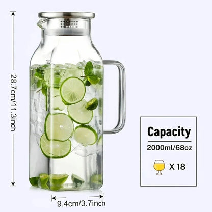 JUSTINLAU Borosilicate Glass Water Bottle - 1.2L/2L Large Capacity Juice & Drink Pitcher for Home & Restaurant