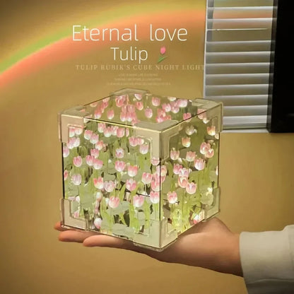 DIY Tulip Flower Sea Cube Night Lamp – 3D Creative Material Kit for Couples