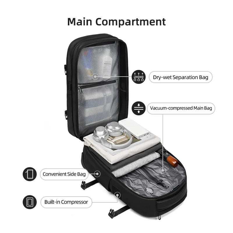 Travel Trolley Vacuum Compression Backpack — Wheeled Rolling Luggage Bag for Men, Boardable Business Travel