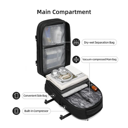 Travel Trolley Vacuum Compression Backpack — Wheeled Rolling Luggage Bag for Men, Boardable Business Travel
